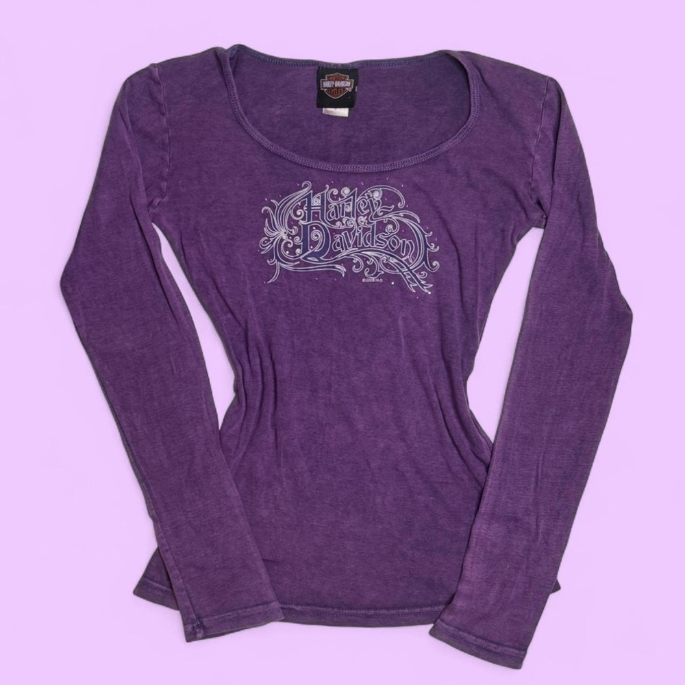 Cyber Y2k 2008 Harley Davidson Purple Rhinestone Long Sleeve Round Neck Shirt